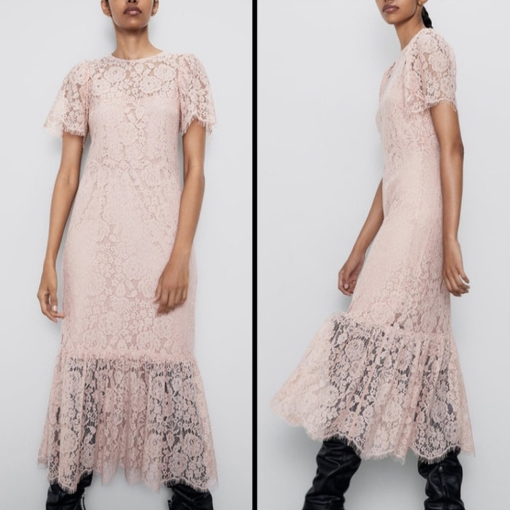 Zara Blush Lace Ruffled Tiered Midi Dress, S
